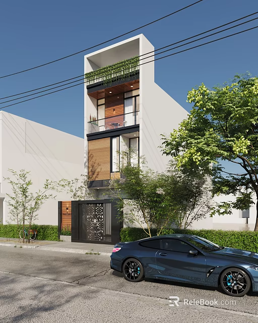Modern Single Family House Exterior With White Facade Large Windows And Green Trees 3d model 