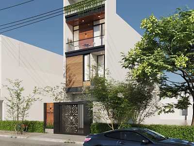 Modern Single Family House Exterior With White Facade Large Windows And Green Trees 3d model
