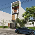 Modern Single Family House Exterior With White Facade Large Windows And Green Trees