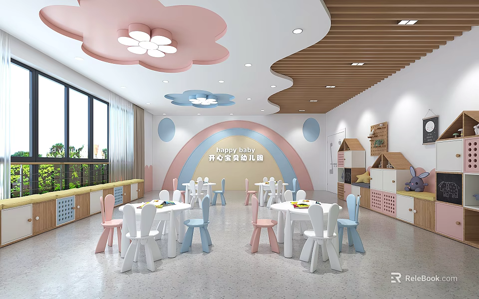 Kindergarten Bright Interior With Colorful Tables Chairs Flower Shaped Ceiling Lights Curved Walls Toy Houses 3d model 
