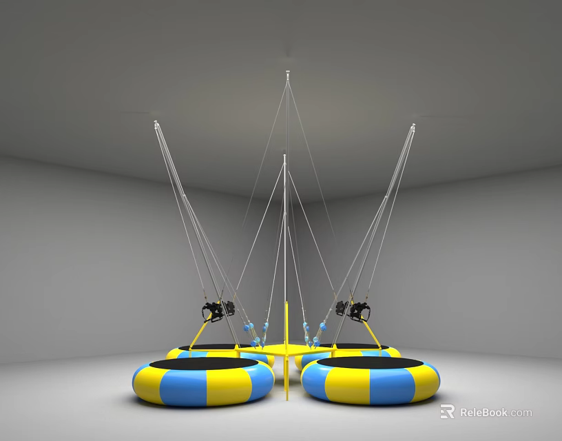 Indoor Circular Trampolines As Sports Equipment With Yellow Blue Design And White Hanging Ropes 3d model 