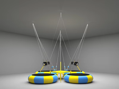 Indoor Circular Trampolines As Sports Equipment With Yellow Blue Design And White Hanging Ropes 3d model