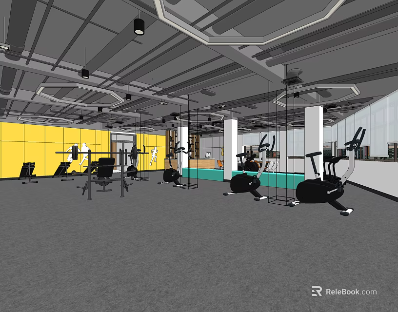 Modern Fitness Gym Interior With Exercise Equipment Mirrors And Yellow Walls 3d model 
