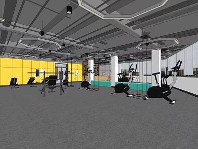 Modern Fitness Gym Interior With Exercise Equipment Mirrors And Yellow Walls 3d model