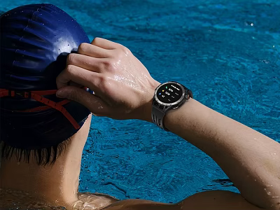 Person Wearing Waterproof Smartwatch Adjusting Swim Cap In Blue Pool Water 3d model