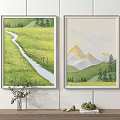 Framed Decorative Paintings with Green Meadow Path and Mountain Landscape 3d model