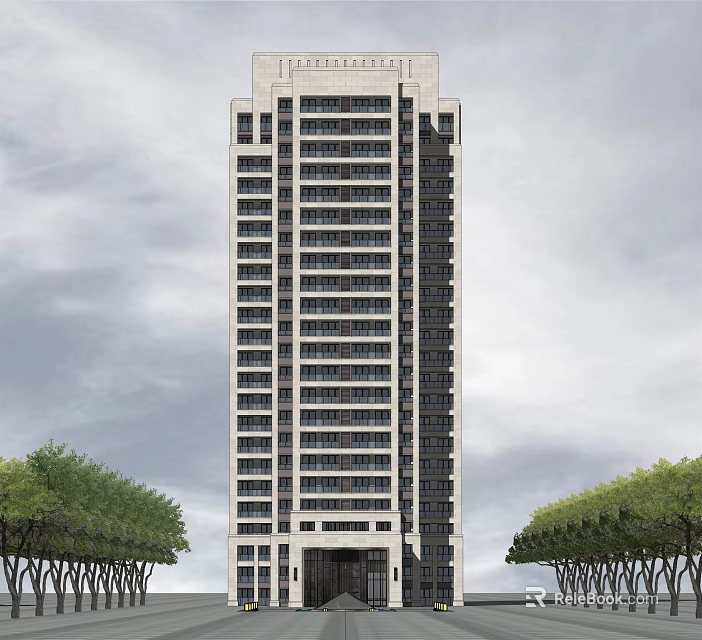 Modern Tall Building Exterior With Many Windows Trees Around And Bottom Entrance 3d model 