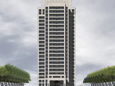 Modern Tall Building Exterior With Many Windows Trees Around And Bottom Entrance 3d model