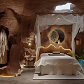 Cave Like SPA Sauna Retreat With Canopy Massage Bed Round Mirror And Pool Plants