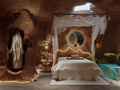 Cave Like SPA Sauna Retreat With Canopy Massage Bed Round Mirror And Pool Plants 3d model