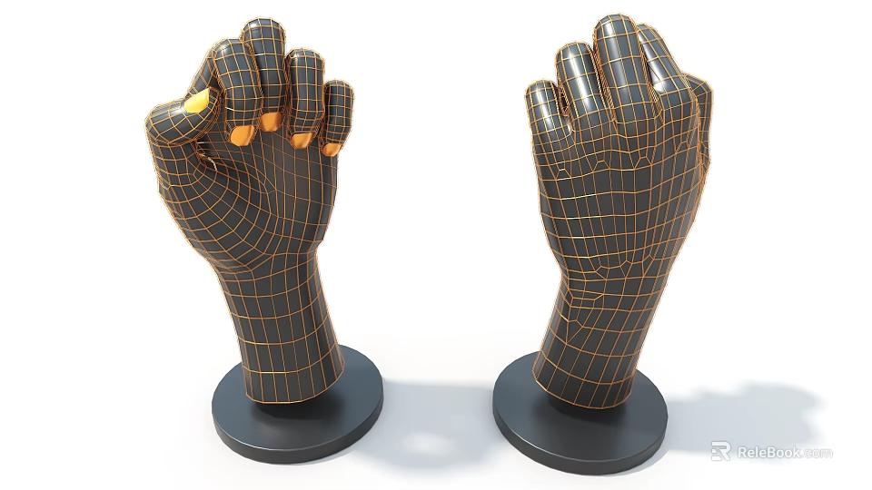 Hand Shaped Art Installation With Grid Design And Gold Lines On Black Bases 3d model 