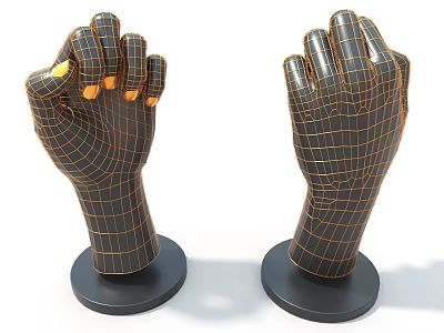 Hand Shaped Art Installation With Grid Design And Gold Lines On Black Bases 3d model