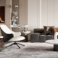 Modern Living Room Interior Design With Gray Sofa Round Coffee Table And Geometric Rug