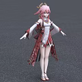 Game And Movie Character With Pink Hair Red And White Outfit Standing Modern Building Background