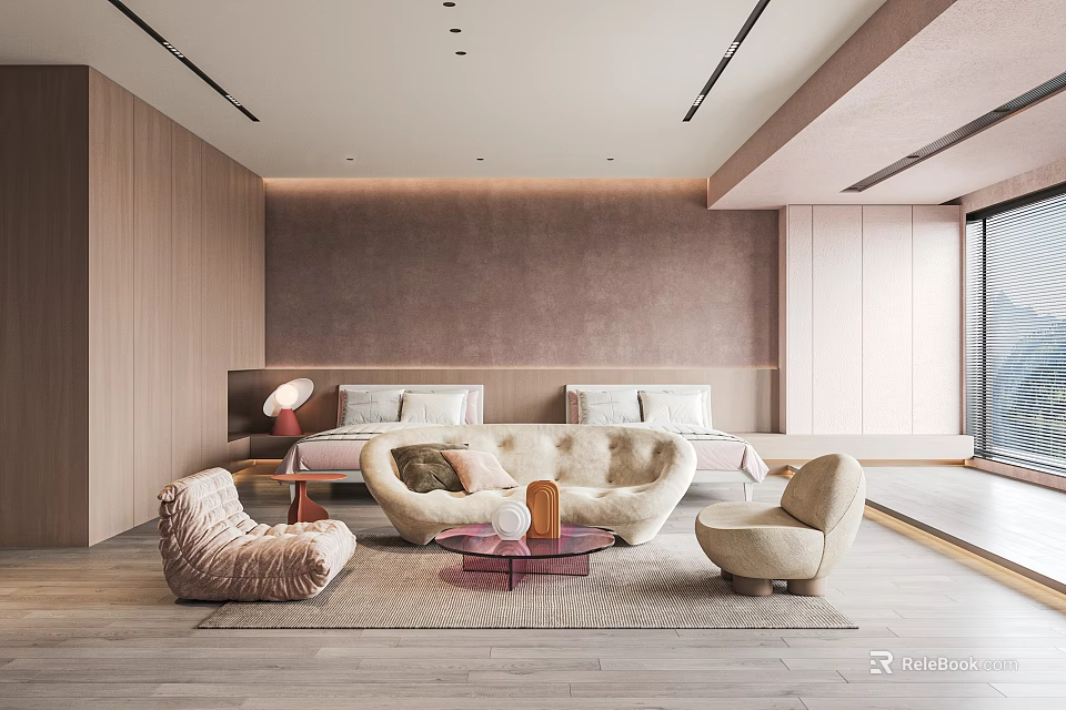 Modern Cozy Bedroom Interior With Large Bed Wooden Walls And Soft Lighting 3d model 