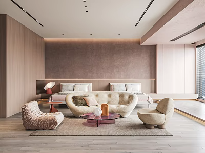 Modern Cozy Bedroom Interior With Large Bed Wooden Walls And Soft Lighting 3d model