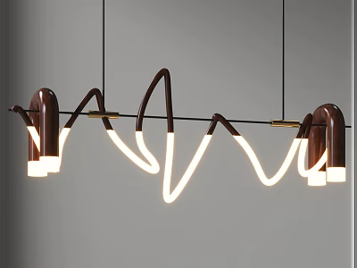 Modern Wavy Line Chandelier with Brown Metallic Frame and Illuminated Curved Tubes 3d model