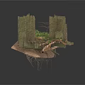 Modern Scene With Ancient Stone Walls Overgrown By Vines Moss And Broken Stones