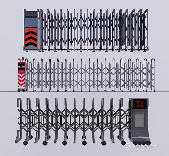 Electric Retractable Security Gates With Warning Stripes And Control Panel Design 3d model