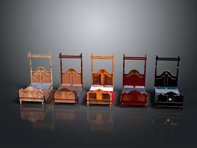 Various Style Wooden Frame Beds With Different Headboard Designs And Mattress Colors 3d model