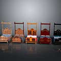 Various Style Wooden Frame Beds With Different Headboard Designs And Mattress Colors