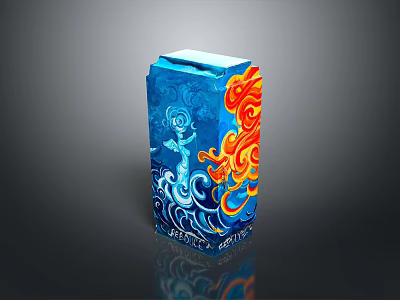 Blue Cube with Colorful Dragon Waves and Figure Decorative Patterns 3d model