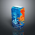 Blue Cube with Colorful Dragon Waves and Figure Decorative Patterns