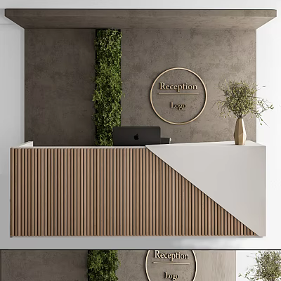 Modern Reception Desk With Wooden Slatted Panel White Countertop Green Plant Wall Logo 3d model
