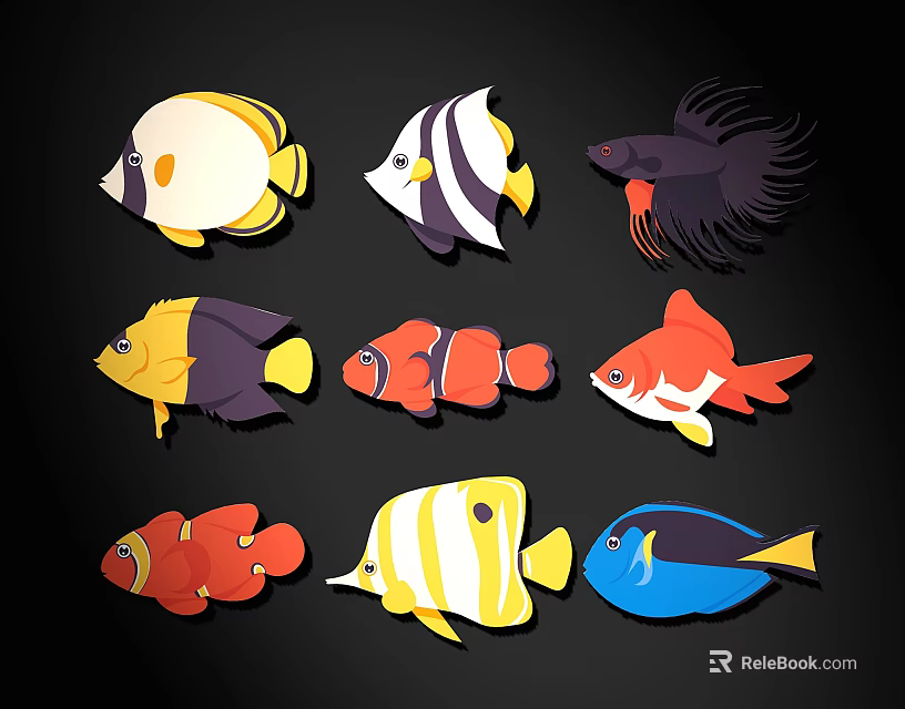 Colorful Cartoon Fish Wall Decor With Various Shapes And Vibrant Colors 3d model 