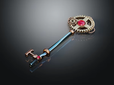 Elegant Vintage Key Shaped Jewelry With Golden Gear And Ruby Gemstone 3d model