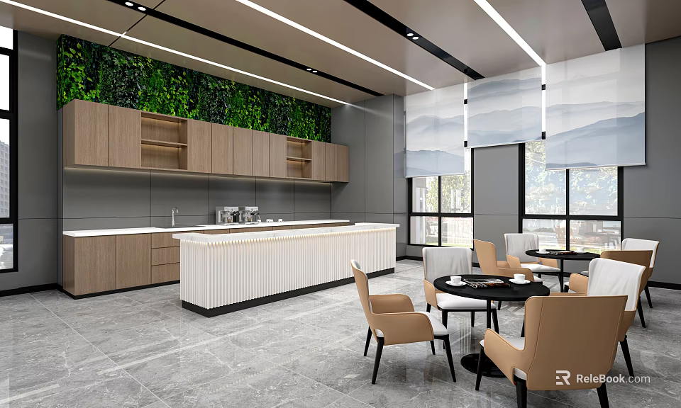 Modern Lounge Area With Chairs Tables Green Wall And Cabinets 3d model 