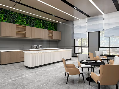 Modern Lounge Area With Chairs Tables Green Wall And Cabinets 3d model