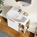 Bathroom Vanity Interior With Round Illuminated Mirror White Cabinet Wooden Shelf And Green Plant