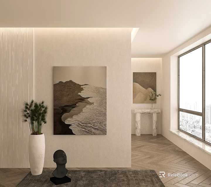 Modern Interior Design With Decorative Paintings Green Plant And Large Window 3d model 
