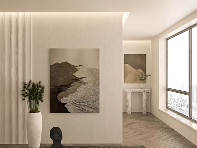 Modern Interior Design With Decorative Paintings Green Plant And Large Window 3d model
