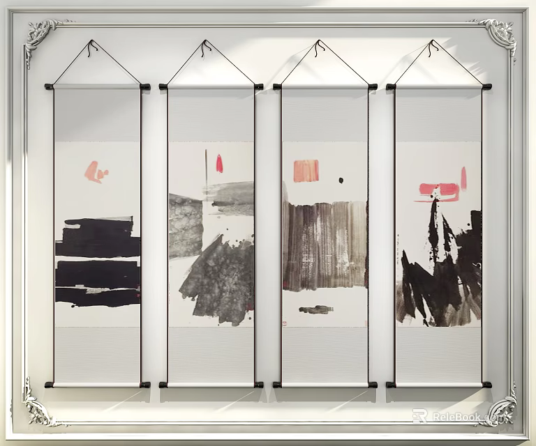 Four Abstract Paintings Hanging On Wall With Colorful Strokes And Frames 3d model