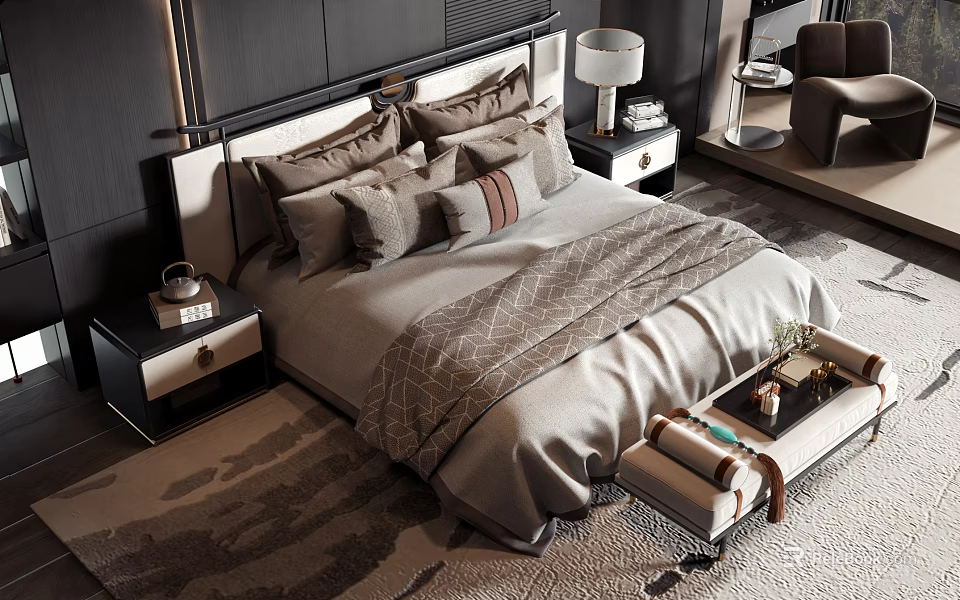 Modern Double Bed With Plush Pillows Bedside Tables Lamp And Bench 3d model 