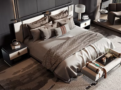 Modern Double Bed With Plush Pillows Bedside Tables Lamp And Bench 3d model