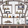 Traditional Chinese Wooden Display Shelf With Tea Pots Books Vases And Decorative Ornaments