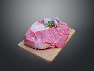 Fresh Raw Meat on Wooden Cutting Board Decorated with Fresh Herbs 3d model