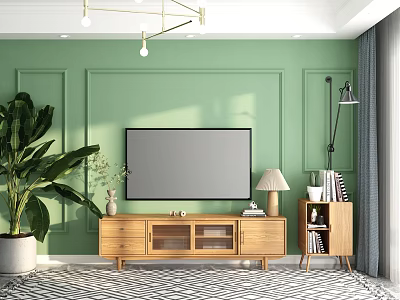 Wooden TV Stand With Flat Screen TV Green Wall Potted Plant Table Lamp And Bookcase 3d model