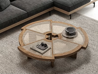 Round Wooden Coffee Table With Mesh Tabletop And Book Bowl Near Gray Sofa On Carpet 3d model