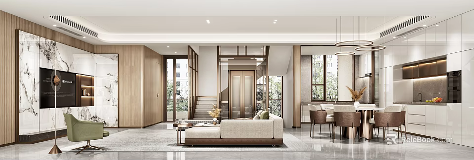 Modern Living Dining Room Open Design With Wooden Sofa Dining Table And Windows 3d model