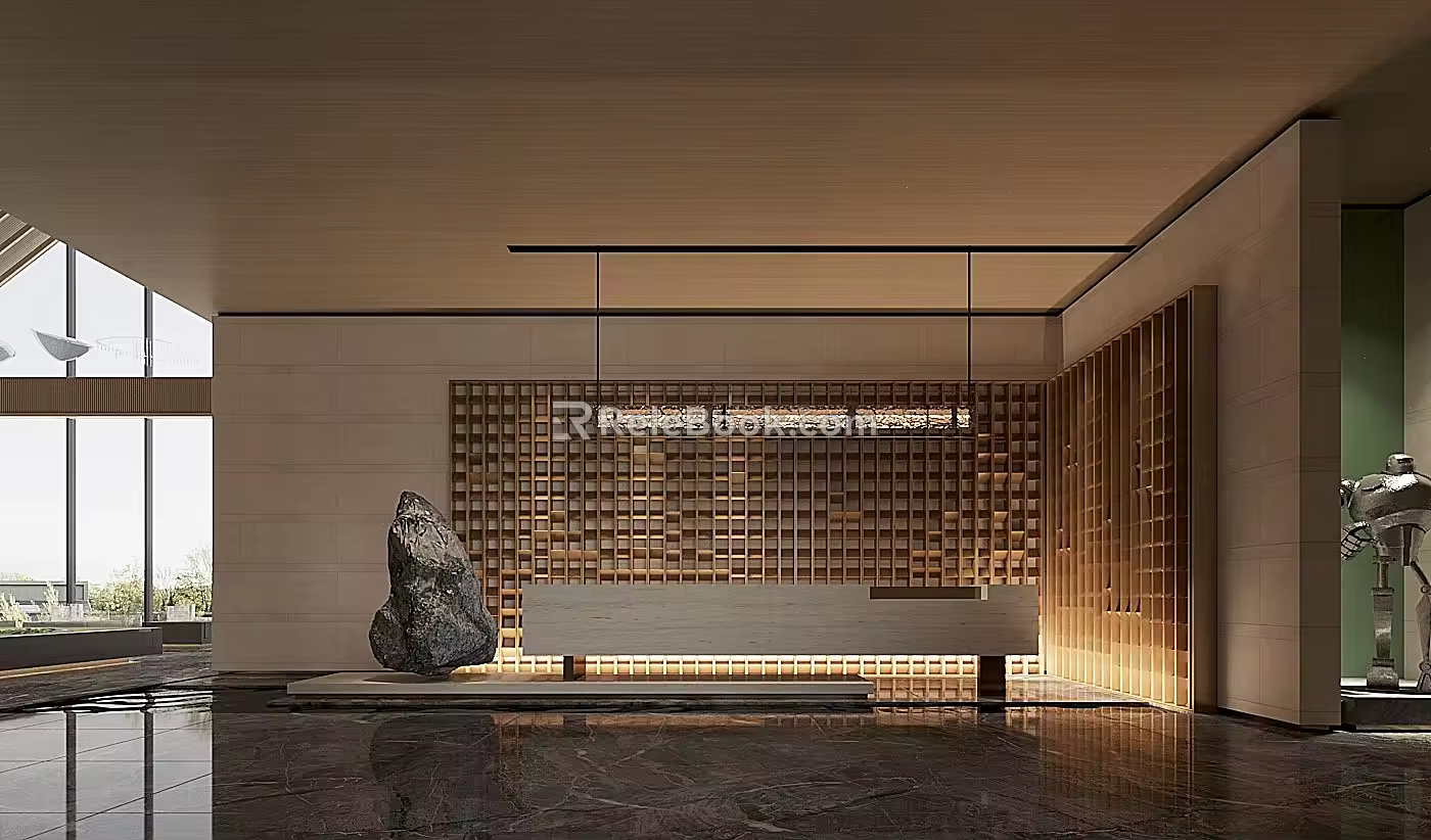 Front hall of modern log sales office 3d model