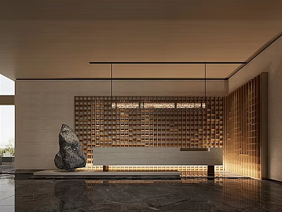 Modern Sales Office Interior With Reception Desk Stone Decoration Wooden Grille And Pendant Lights 3d model