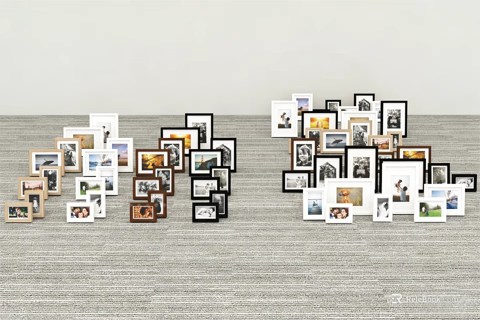 Decorative Photo Frame Collection with Various Sizes and Colors on Gray Carpet and White Wall 3d model 