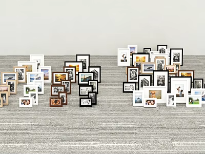 Decorative Photo Frame Collection with Various Sizes and Colors on Gray Carpet and White Wall 3d model