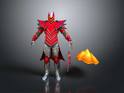 Red And Silver Warrior Armor With Detachable Yellow Cape And Decorative Details 3d model