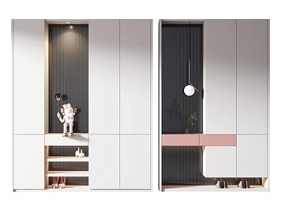 Modern Shoe Cabinet With White Cabinet Striped Panel Open Shelves And Pink Countertop 3d model