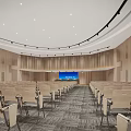 Spacious Conference Room Interior With Circular Ceiling Lights Wooden Walls And Red Screen
